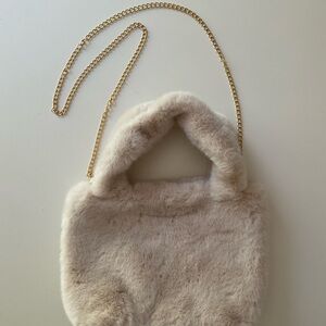 NEW Faux Fur Soft Fluffy Small Tote Bag Purse Handles Chain Strap Cream Beige